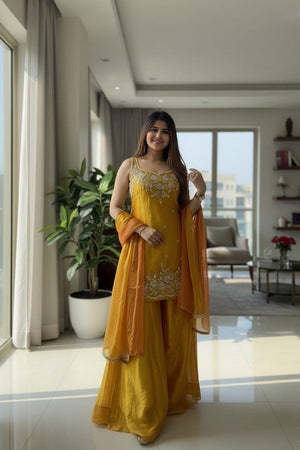 Mustard Floral Embroidered Silk Palazzo Suit (ACA9028)
