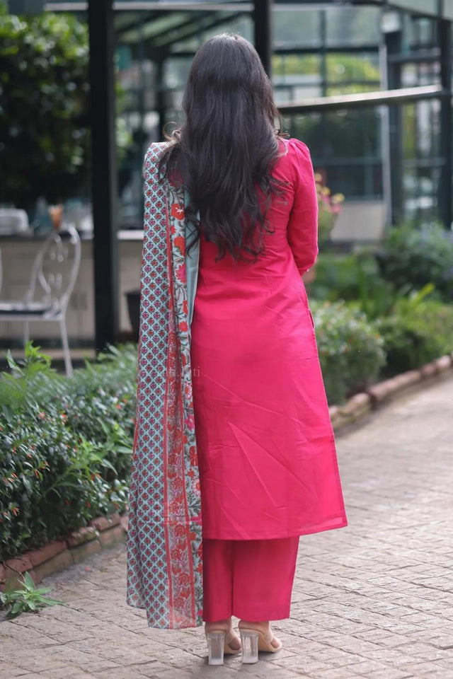 Pink Solid Cotton Kurti Pant Set (ACA9029)