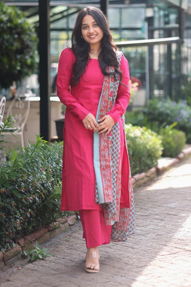 Pink Solid Cotton Kurti Pant Set (ACA9029)