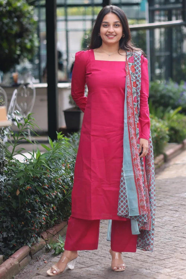 Pink Solid Cotton Kurti Pant Set (ACA9029)