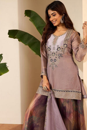 Mauve Floral Embroidered Satin Palazzo Suit (ACA9030)