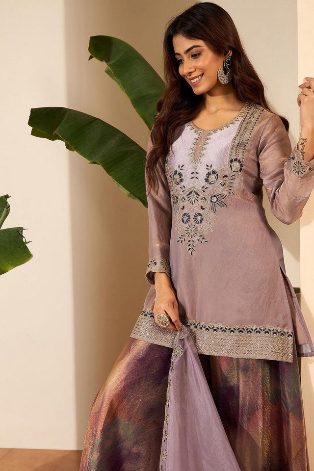 Mauve Floral Embroidered Satin Palazzo Suit (ACA9030)