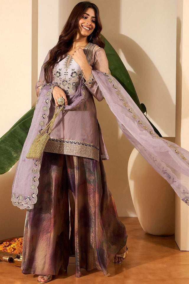 Mauve Floral Embroidered Satin Palazzo Suit (ACA9030)