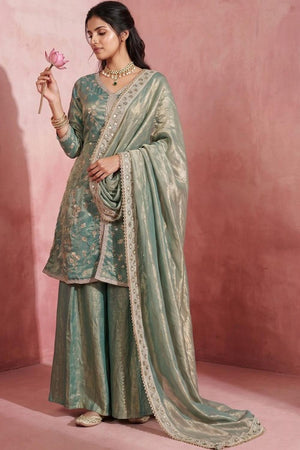 Green Sequin with Embroidered Satin Palazzo Suit (ACA9031)