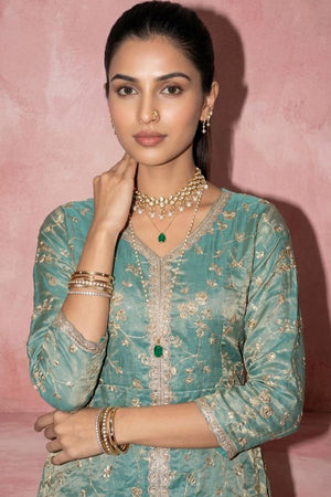 Green Sequin with Embroidered Satin Palazzo Suit (ACA9031)