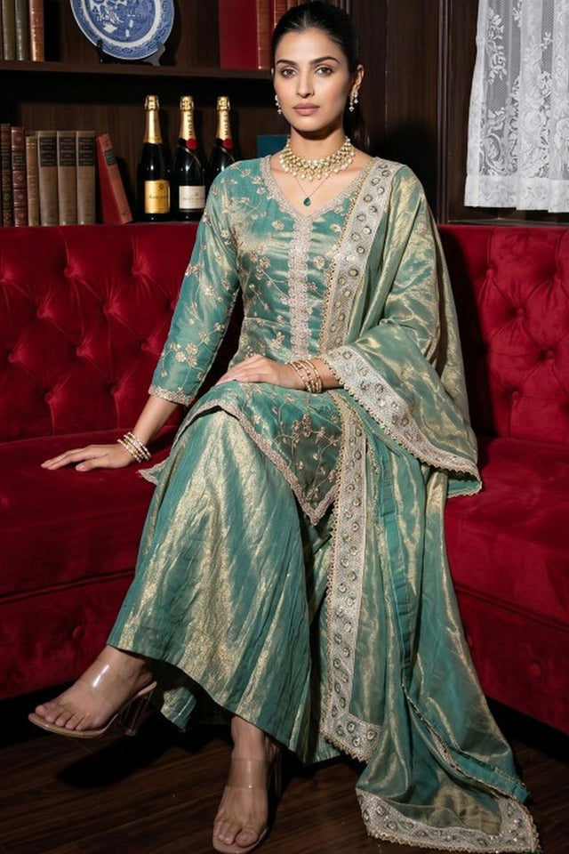 Green Sequin with Embroidered Satin Palazzo Suit (ACA9031)