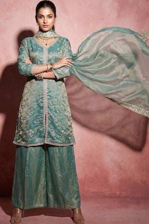 Green Sequin with Embroidered Satin Palazzo Suit (ACA9031)
