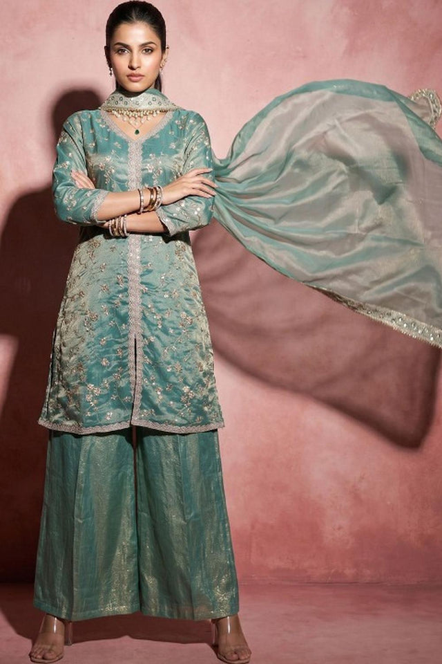 Green Sequin with Embroidered Satin Palazzo Suit (ACA9031)