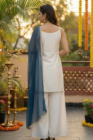 Off White Floral Embroidered Crepe Palazzo Suit (ACA9032)