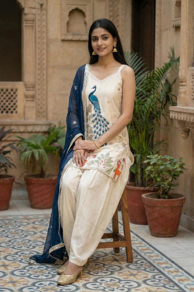 Off White Floral Embroidered Crepe Palazzo Suit (ACA9032)