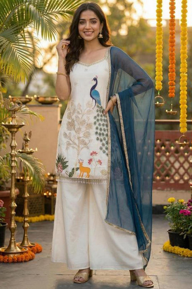 Off White Floral Embroidered Crepe Palazzo Suit (ACA9032)