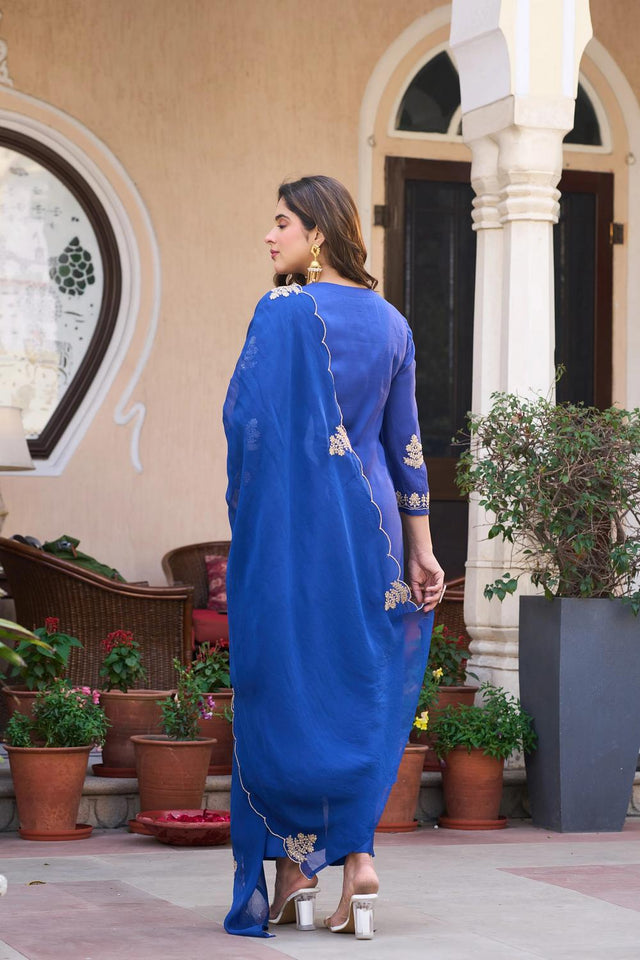 Blue Floral Embroidered Chanderi Palazzo Suit (ACA9033)