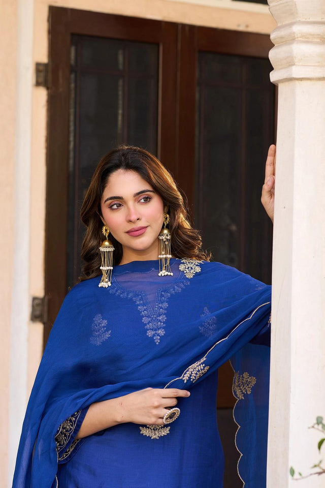 Blue Floral Embroidered Chanderi Palazzo Suit (ACA9033)