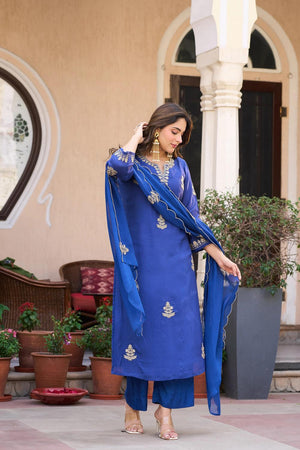 Blue Floral Embroidered Chanderi Palazzo Suit (ACA9033)