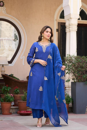 Blue Floral Embroidered Chanderi Palazzo Suit (ACA9033)