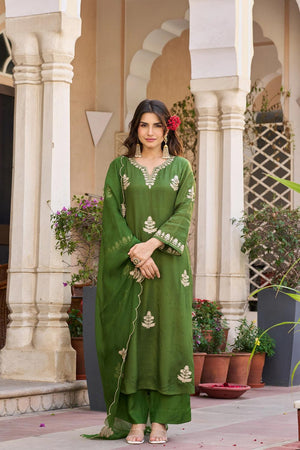 Green Floral Embroidered Chanderi Palazzo Suit (ACA9034)
