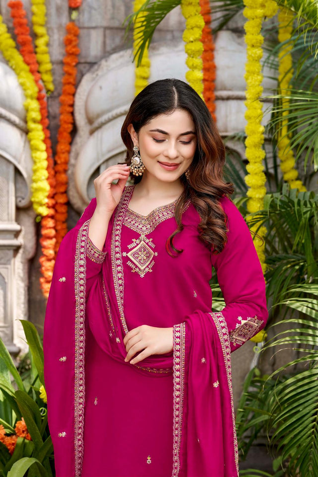 Pink Floral Embroidered Chanderi Kurti Pant Set (ACA9035)