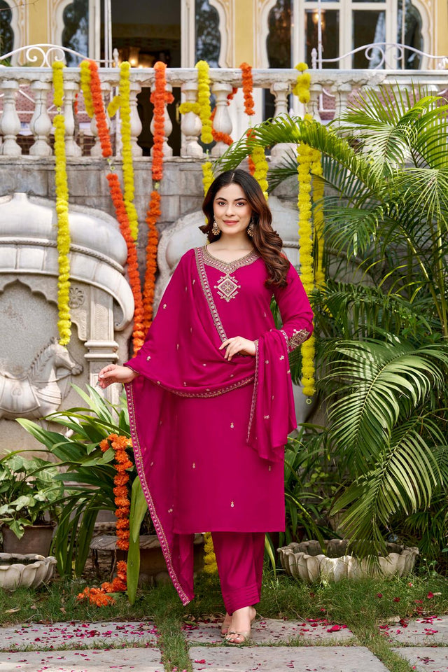 Pink Floral Embroidered Chanderi Kurti Pant Set (ACA9035)