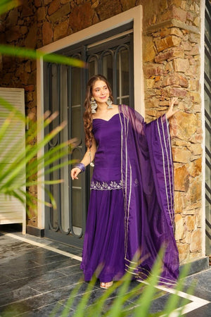 Purple Floral Embroidered Silk Skirt Set (ACA9036)