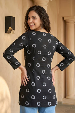 Black Geometric Printed Cotton Short Kurti (ACA9037)