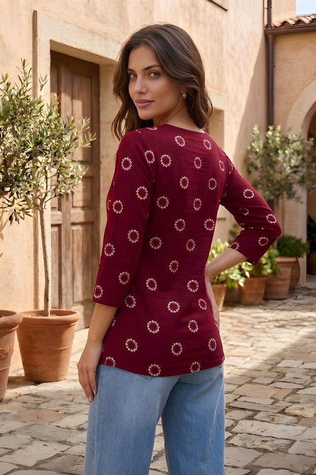 Maroon Geometric Printed Cotton Short Kurti (ACA9038)