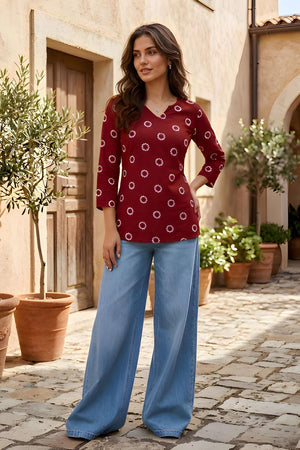 Maroon Geometric Printed Cotton Short Kurti (ACA9038)