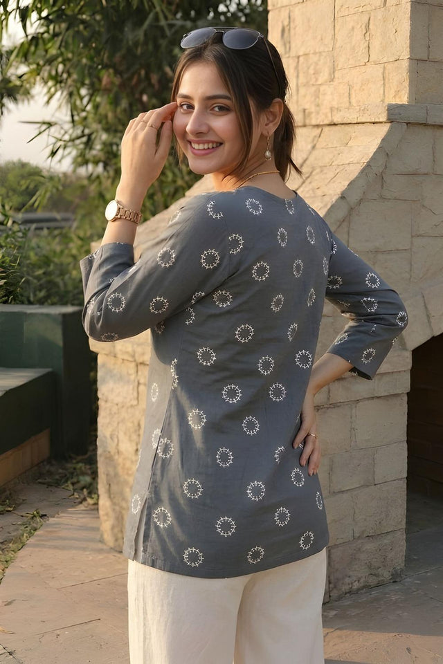 Grey Geometric Printed Cotton Short Kurti (ACA9039)