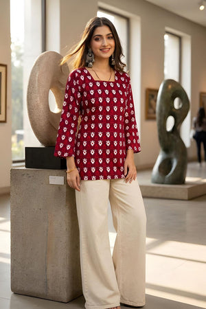 Maroon Printed Cotton Short Kurti (ACA9040)