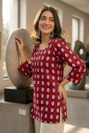 Maroon Printed Cotton Short Kurti (ACA9040)