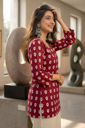 Maroon Printed Cotton Short Kurti (ACA9040)