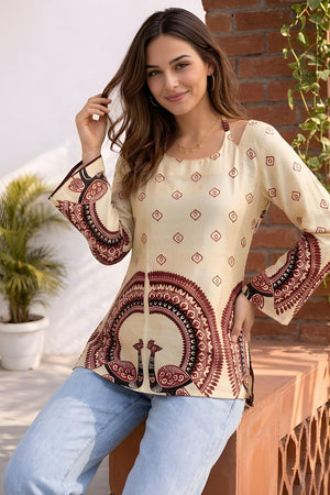 Off White Printed Cotton Short Kurti (ACA9041)
