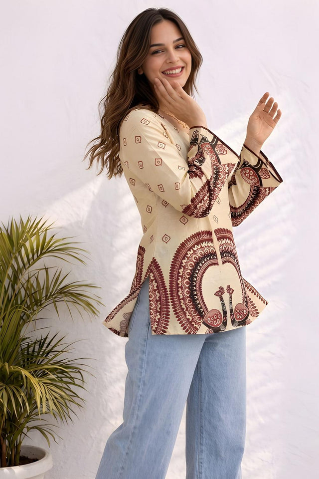 Off White Printed Cotton Short Kurti (ACA9041)