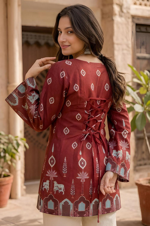 Maroon Printed Cotton Short Kurti (ACA9042)