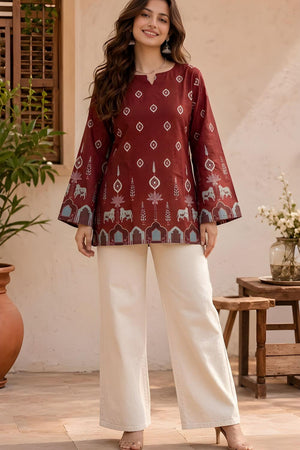 Maroon Printed Cotton Short Kurti (ACA9042)