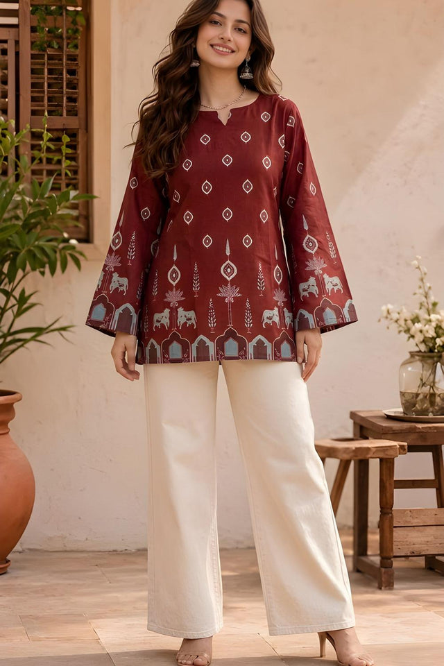 Maroon Printed Cotton Short Kurti (ACA9042)