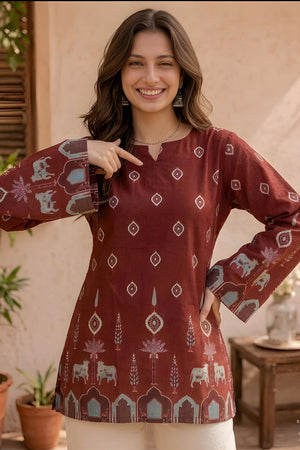 Maroon Printed Cotton Short Kurti (ACA9042)