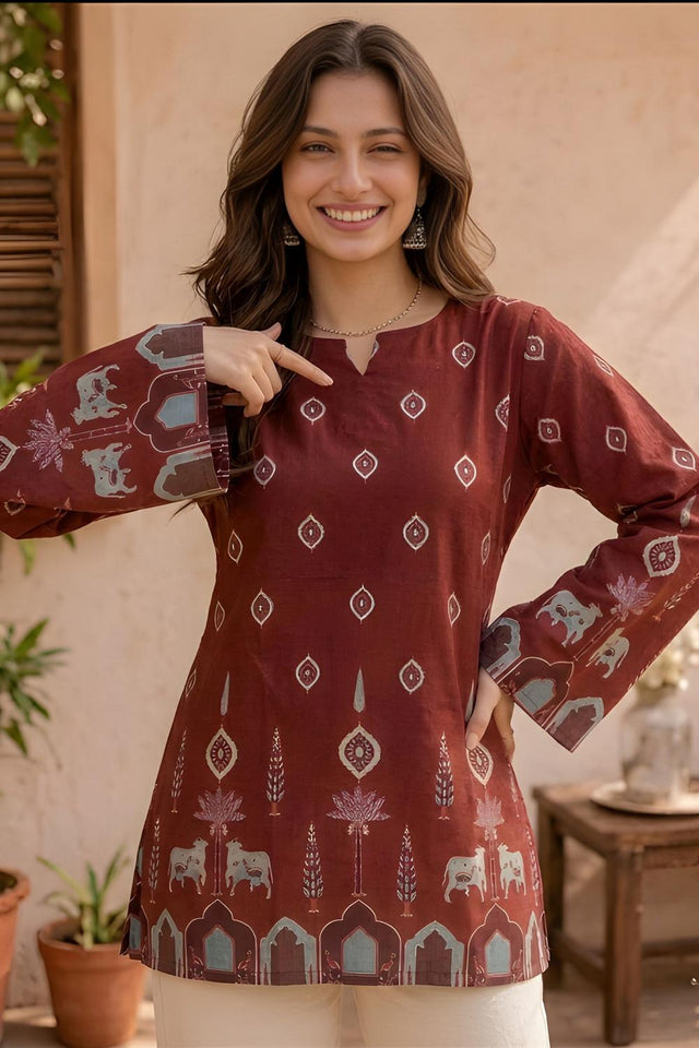 Maroon Printed Cotton Short Kurti (ACA9042)