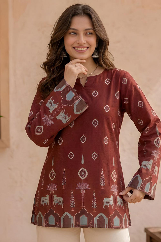 Maroon Printed Cotton Short Kurti (ACA9042)