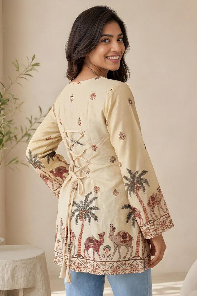 Off White Printed Cotton Short Kurti (ACA9043)