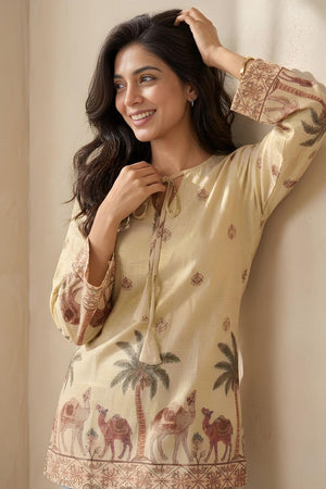 Off White Printed Cotton Short Kurti (ACA9043)