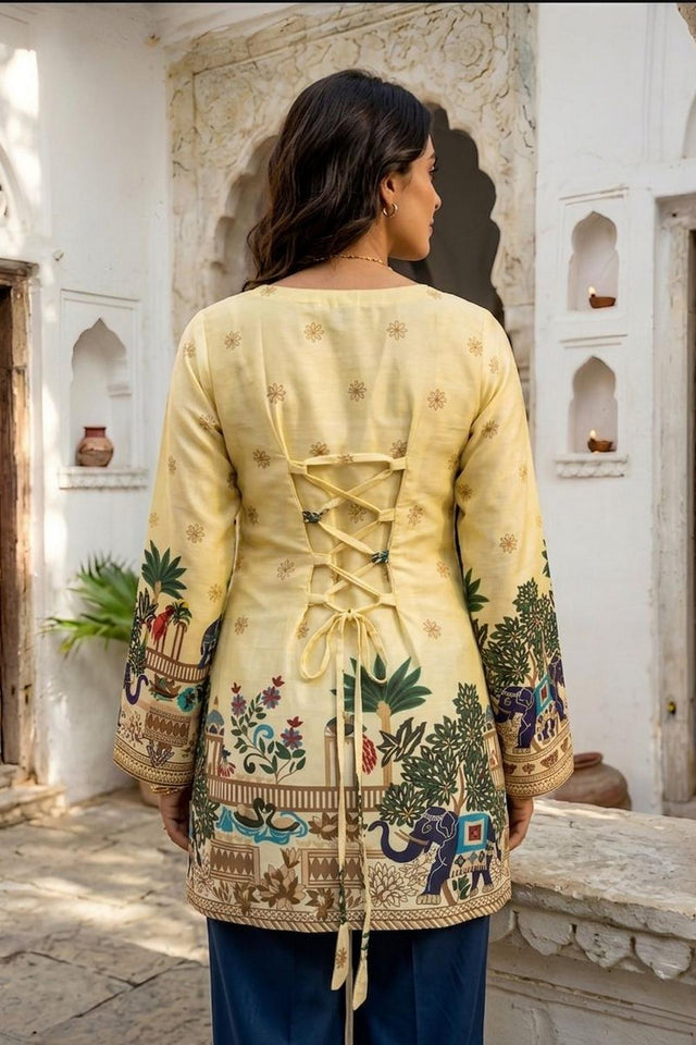 Yellow Printed Cotton Short Kurti (ACA9044)
