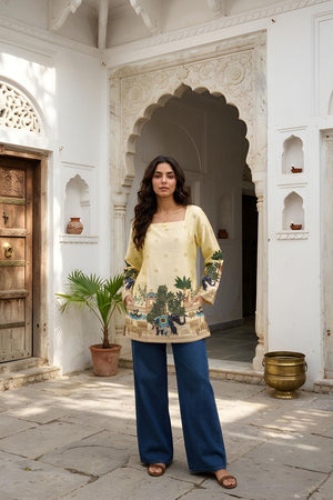 Yellow Printed Cotton Short Kurti (ACA9044)