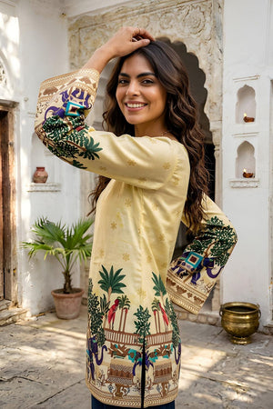 Yellow Printed Cotton Short Kurti (ACA9044)