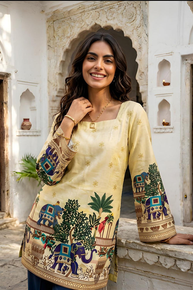 Yellow Printed Cotton Short Kurti (ACA9044)