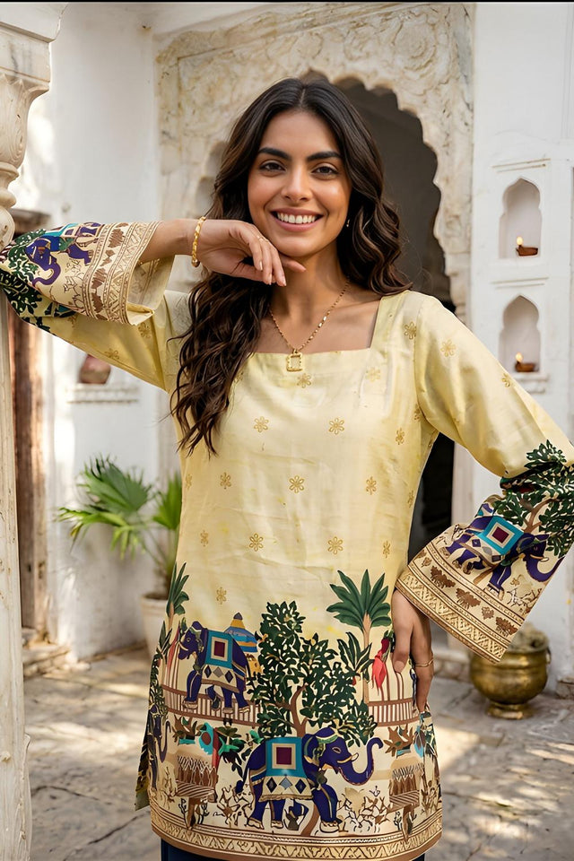 Yellow Printed Cotton Short Kurti (ACA9044)