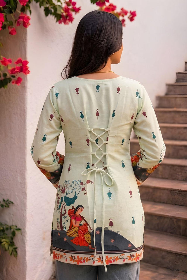 Cream Printed Cotton Short Kurti (ACA9045)