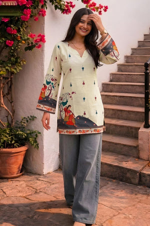 Cream Printed Cotton Short Kurti (ACA9045)