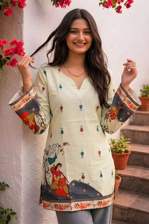 Cream Printed Cotton Short Kurti (ACA9045)