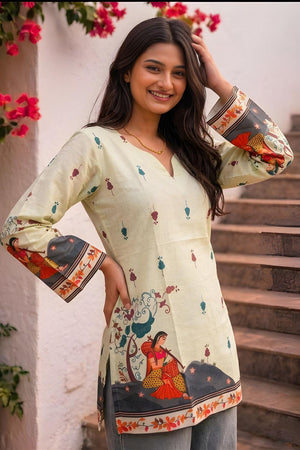 Cream Printed Cotton Short Kurti (ACA9045)