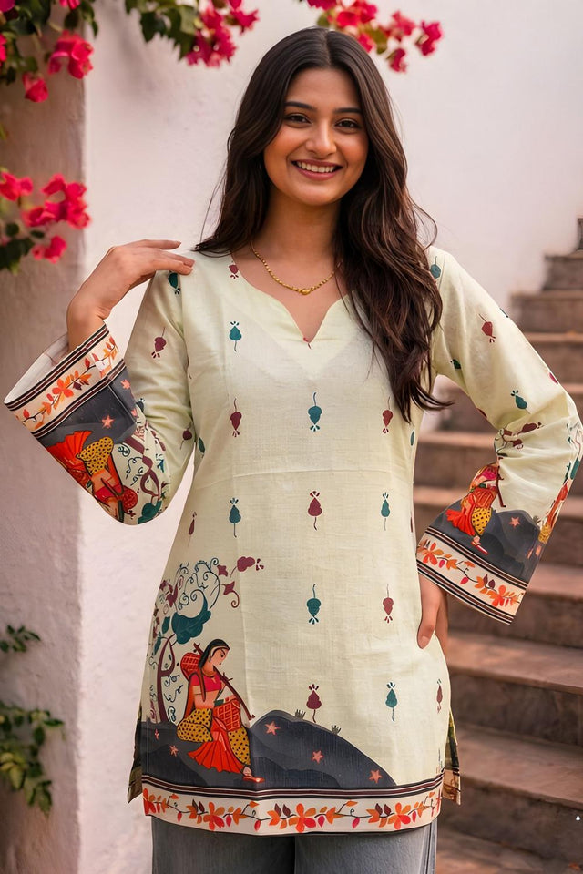 Cream Printed Cotton Short Kurti (ACA9045)